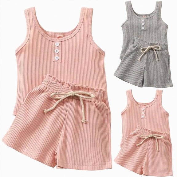 Nwiuh Girls' Short Sets Girls Summer Cotton Solid Sleeveless Crew Neck Tank Top Shorts 2-Piece Sets Summer Outfits (Pink, 7-8 Years)