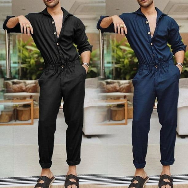 Ana Mens 1 Piece Jumpsuit Pants Long Sleeve Button Down