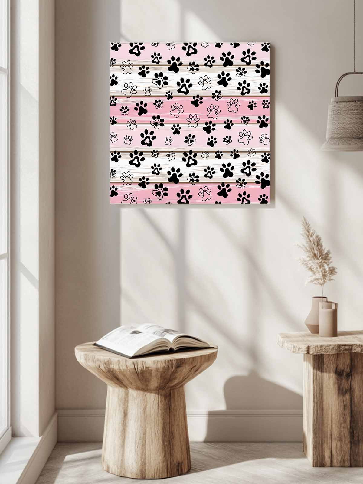 Dog Paw Canvas Wall Art, Pink Wood Grain Farmhouse Vintage Board Framed Wall Decor Modern Artwork Prints Painting for Living Room, Bedroom, Kitchen & Cafe Decor 16x16 Inch