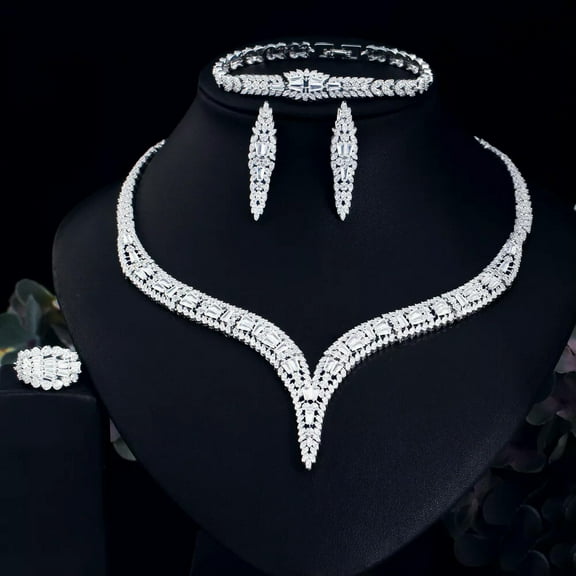 Silver Plated CZ Pageant Necklace Earrings Bracelet Ring Jewelry Set Accessories