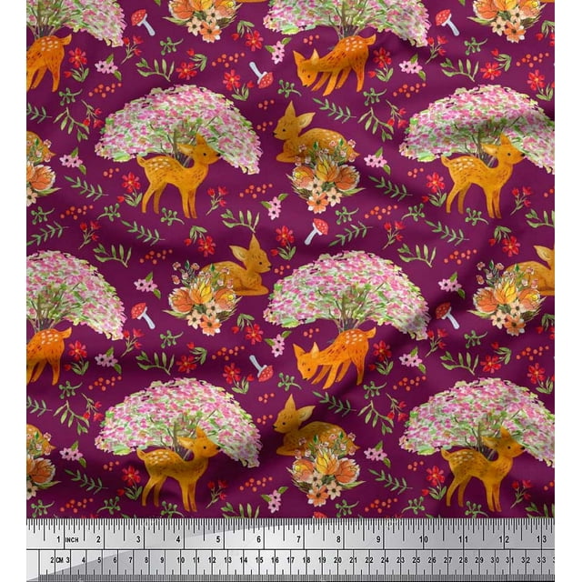 Soimoi Polyester Crepe Fabric Tree,Floral & Deer Animal Print Sewing Fabric Yard 42 Inch Wide