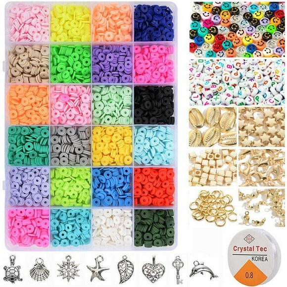 3600 Pcs Perles d'Argile pour Kit de Fabrication de Bracelets, 24 Couleurs Perles Rondes Plates en Argile Polymère