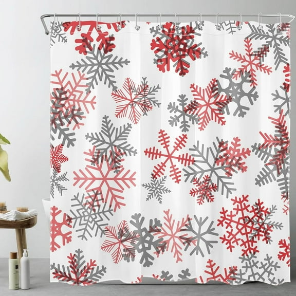 Winter Christmas Shower Curtain for Bathroom Red and Grey Snowflake on White Bathroom Shower Curtains with Hooks, Spring Holiday Bathroom Curtains Shower Set 72x72 inch