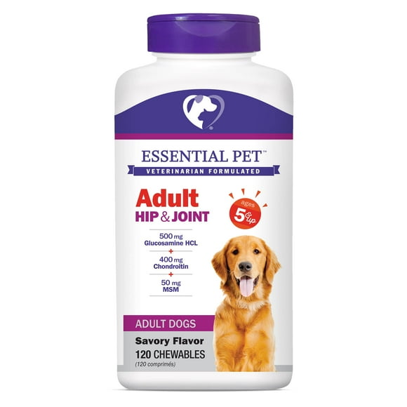 Essential Pet Produits Comprimés à Mâcher pour Chiens Adultes, Soutien des Hanches et des Articulations, Âge 5+ avec 500mg de Glucosamine et 400mg de Chondroïtine, 120 Unités