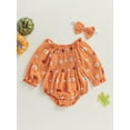 thumbnail image 3 of Infant Baby Girl Halloween Outfits Pumpkin Waffle Ruched Jumpsuit Long Sleeve Romper Headband 2Pcs Comfy Fall Clothes, 3 of 8