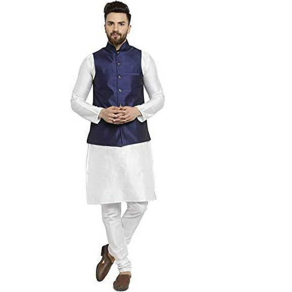 Royal Kurta Men's Silk Blend Kurta Pyjama & Nehru Jacket Set (38, White-Navy)