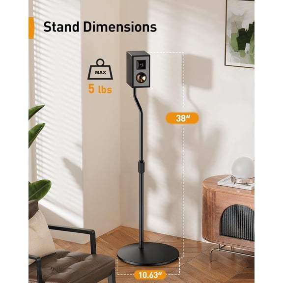 Speaker Stand Pair, 28” to 38” Height Adjustable Surround Sound Speaker Stands for Small Bookshelf, Satellite Speakers, and Studio Monitors up to 5lbs, Tool-Free Floor Speaker Stand