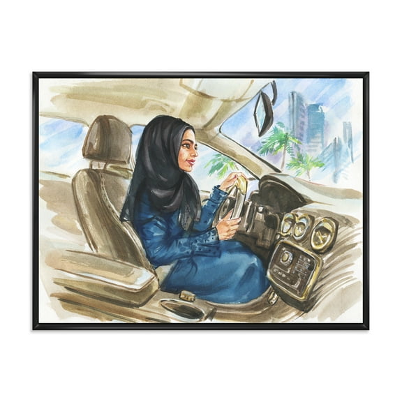 Designart 'Arabian Lady Driving A Car I' Modern Framed Canvas Wall Art Print