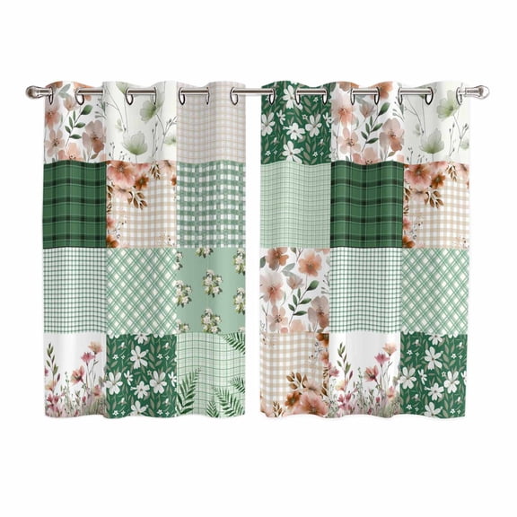 Boho Spring Floral Kitchen Curtains 72 Inch Length, Retro Flowers Plants Patchwork Grid Green Grommet Top Bedroom Living Room Curtains, Light Filtering Cafe Curtain Drapes 2 Panels Set 104''x72''