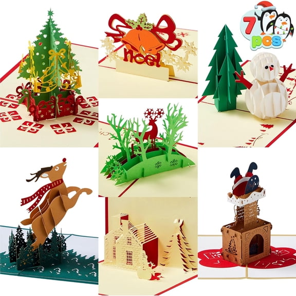 7 Pack Pop up Christmas Cards, 3D Greeting Cards with Unique Designs and Envelopes 6" x 6" for Winter Merry Christmas Season Present