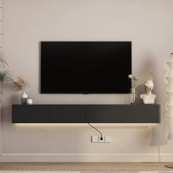 Floating TV Stand for TVs Up To 75'', High Gloss Top Modern Wall Mounted TV Stand with with Led Lights, Power Outlet, 4 Cabinets, Floating TV Cabinet Entertainment Center for Living Room