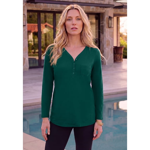 Roaman's Women's Plus Size Long Sleeve Sweetheart Henley Tee