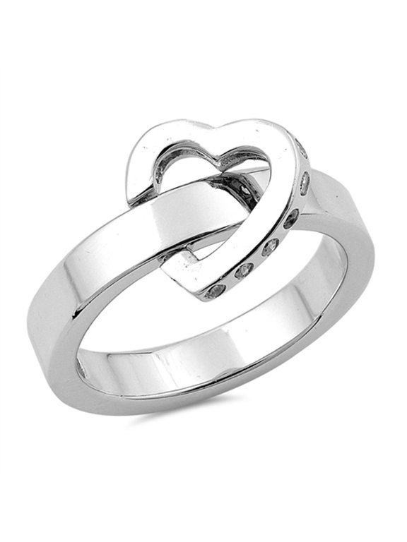 Heart Knot Buckle Clear CZ Promise Ring .925 Sterling Silver Band White Jewelry Female Size 7