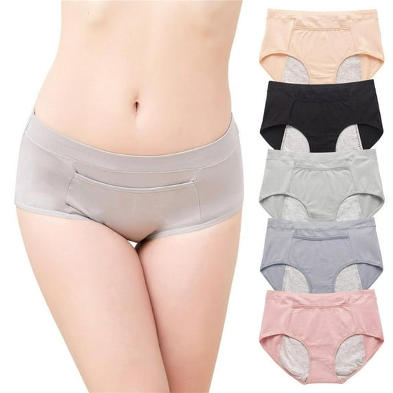 Valcatch Women's Hipster Period Panties Postpartum Teens Menstrual Underwear 5-Pack (L, Black/Pink/Apricot/Gray/Silver Gray with Pocket)