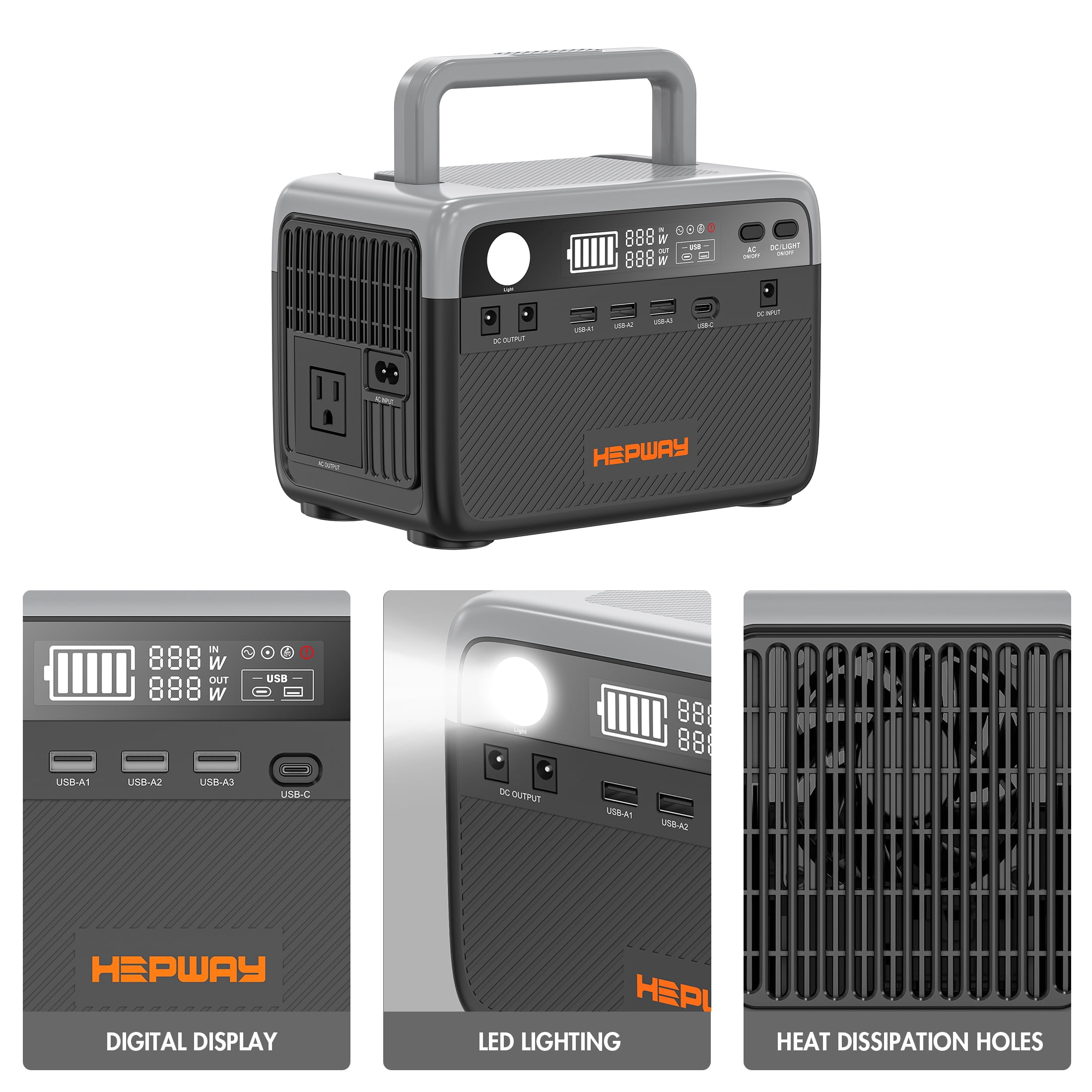 Hepway H30 Portable Power Station,300W Solar Generator,288Wh  LiFePO4 Battery,2 AC 120V Outlets,PD 100W USB-C Output w/ LED, 90000mah Power Bank for Hurricane Emergency Outdoor Camping RVs Home Use