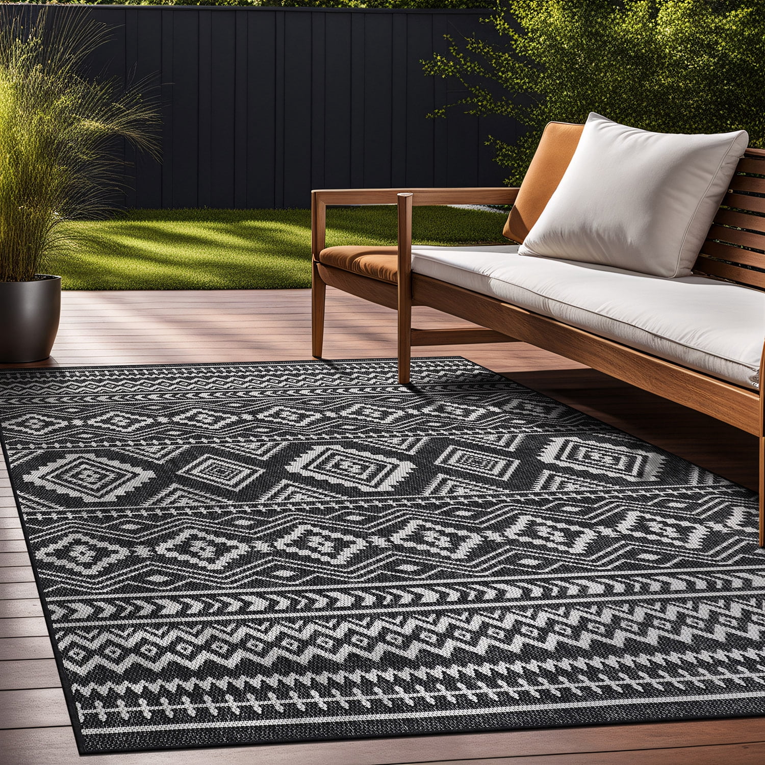 Beverly Rug Outdoor Area Rugs, Waterproof Patio Porch Garden Carpet, Black and White, 10'x14'