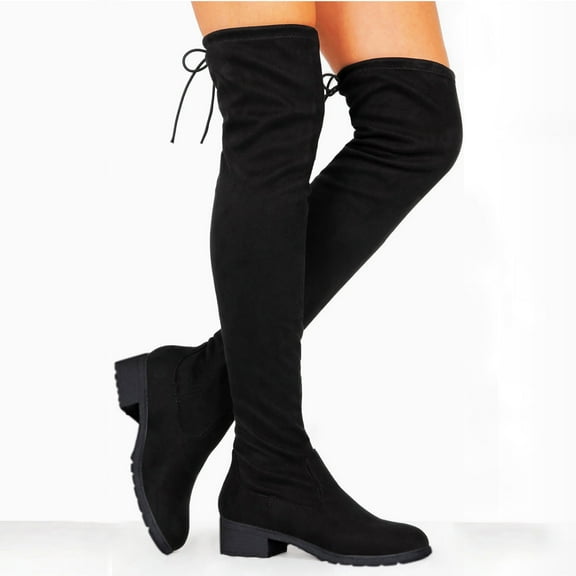 Chenyee Womens Black Thigh High Boots Suede Platform Chunky Heel Stretch Over The Knee High Booties