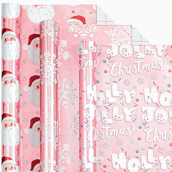 Envoltorio de regalo Retrify 3 rollos navideños rosas de 43 x 305 cm