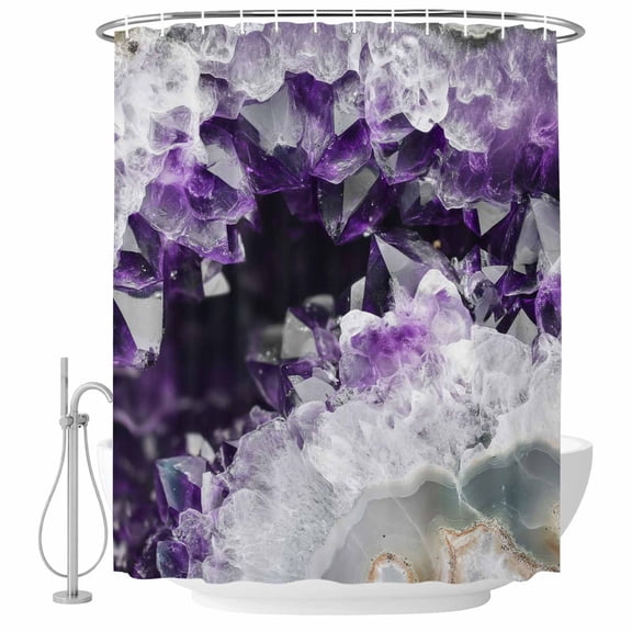 Small Stall Shower Curtain 36x72 Inch Narrow Half Size Purple Black Geometric Bath Curtains Bathroom Decor, Modern Abstract Crystals Artwork Waterproof Fabric Shower Curtain Set with Hooks 36 Inch