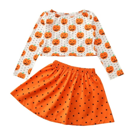 

XINSHIDE Toddler Kids Girls Infant Festival Pumpkins Printed Romper Jumpsuit Polka Dots Skirt 2Pcs Set Clothes Baby Girl Clothes