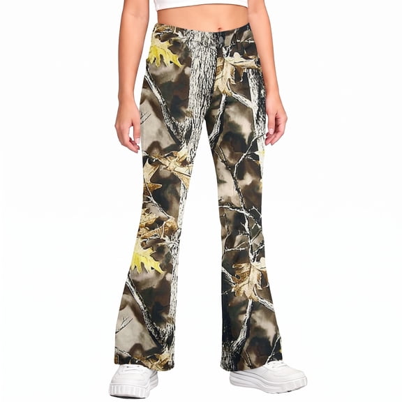 Grblisyd Girls Flare Leg Uniform Pants High Waist Fashion Camo Maple Leaf Print Bell Bottoms With Button and Pockets