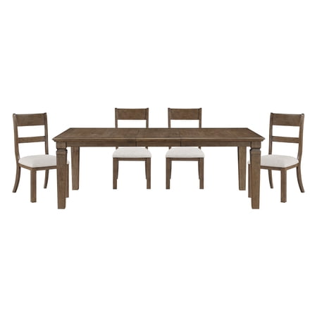 Dining Set 5-Piece Extendable Wood Dining Table with 4 Upholstered Side Chairs Light Brown Finish Rectangular Table 66 -84 Length Gray Fabric Seats for Dining Room