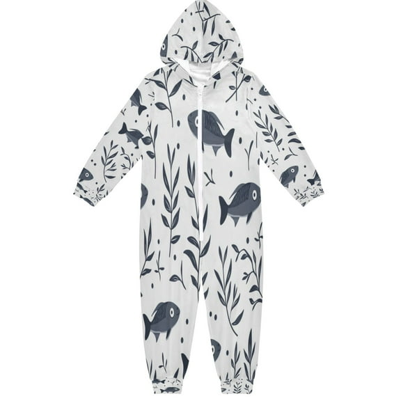Soft Big Kids Onesie Pajamas Cozy Loose-Fit Jumpsuits for kids with Pockets for Christmas Lounge & Play Seaweed and Sardine Pattern
