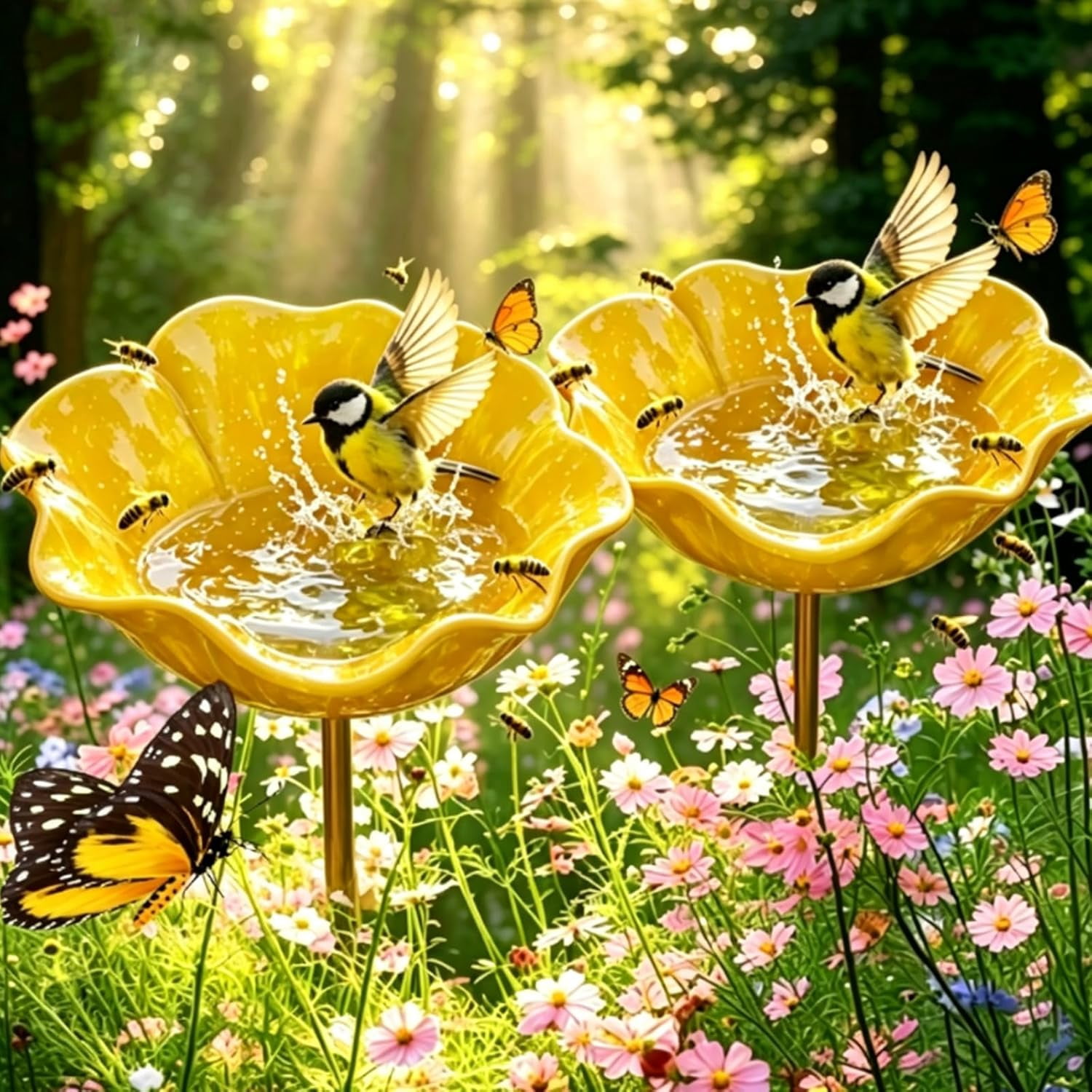 Everlasting Garden Blooms - Handmade Metal Flower Garden Stake, Mini Bird Bath & Pollinator Water Station, Colorful Butterfly Bees Bath Bowl for Outdoor Garden Courtyard Decor (7mix)
