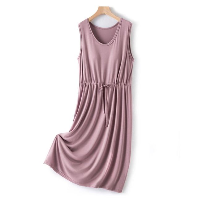 Pyjamas pour Femmes, Robe de Nuit Mi-Longue Sans Manches à Col en V avec Coussin de Poitrine Couleur Unie, Cadeaux pour Femmes, TG