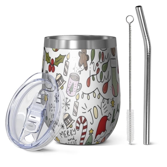 12oz Stemless Wine Tumblers Multicolor Christmas Pattern Vacuum Insulated Stainless Steel Travel Tumbler Cups Mug with Lid and Straw for Champaign,Cocktail,Beer with Cleaning Brush