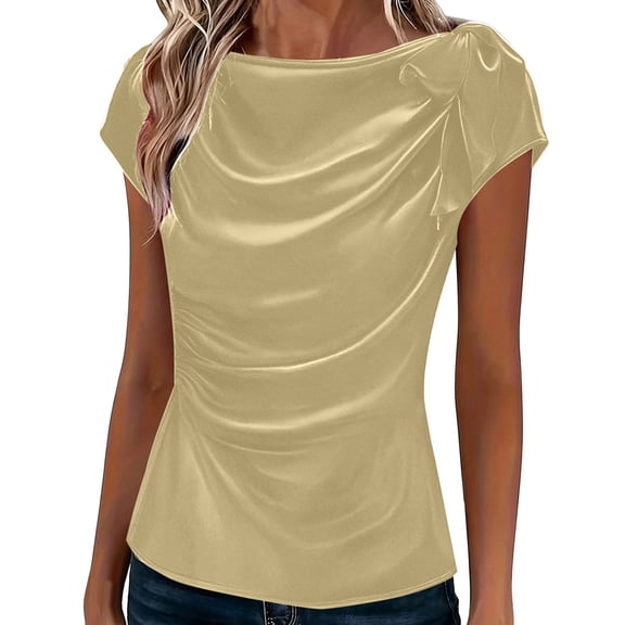 BLOCLOALO Satin Blouses Ruched Cowl Neck Elegant Tunic Tops Bow Tie Pleated Shirts Short Sleeve Blouses Dressy Casual Trendy Business Work Office Shirts Silk Tops Wrinkle Free Outfits Beige L