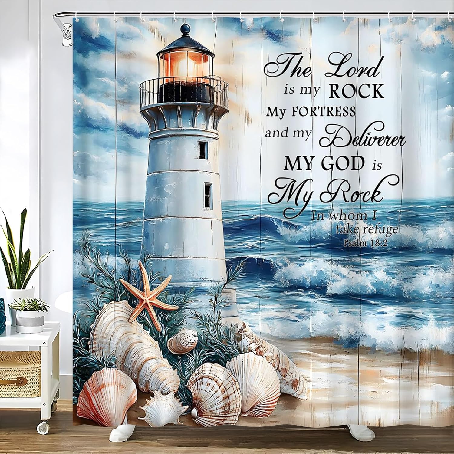 Nautical Lighthouse Shower Curtain Beach Coastal Summer Ocean Sea Wave Starfish Seashell Bible Verse Vintage Tropical Seascape Fabric Bathroom Decor Curtain Sets with Hooks (72" Wx72H)