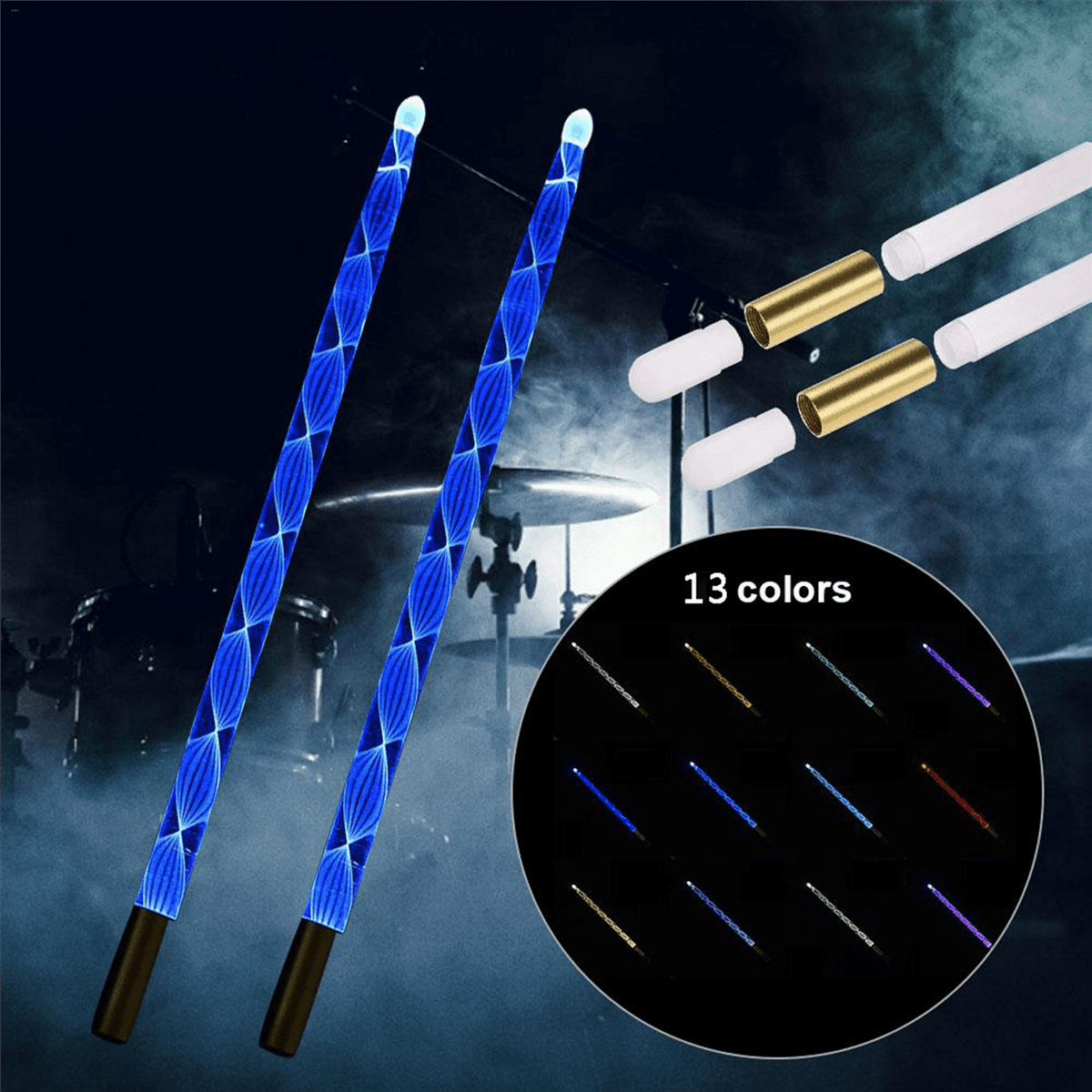 4x 5A Acrylic Luminous Drum Stick Bright LED Light Up Drumsticks Jazz Drumsticks in the Dark Stage 13Colors Free Change,4 x Luminous drum sticks 4 x Lights,Transparent & gold