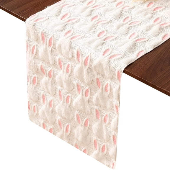Spring Easter Table Runner, White Rabbit Faux Fur with Jacquard Border, 13x72 Inch Holiday Dining Decor(DSF)