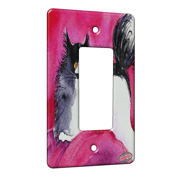 KuzmarK™ 1 Gang Rocker Wall Plate - Tuxedo Maine Coon Kitty on Hot Pink Abstract Cat Art by Denise Every