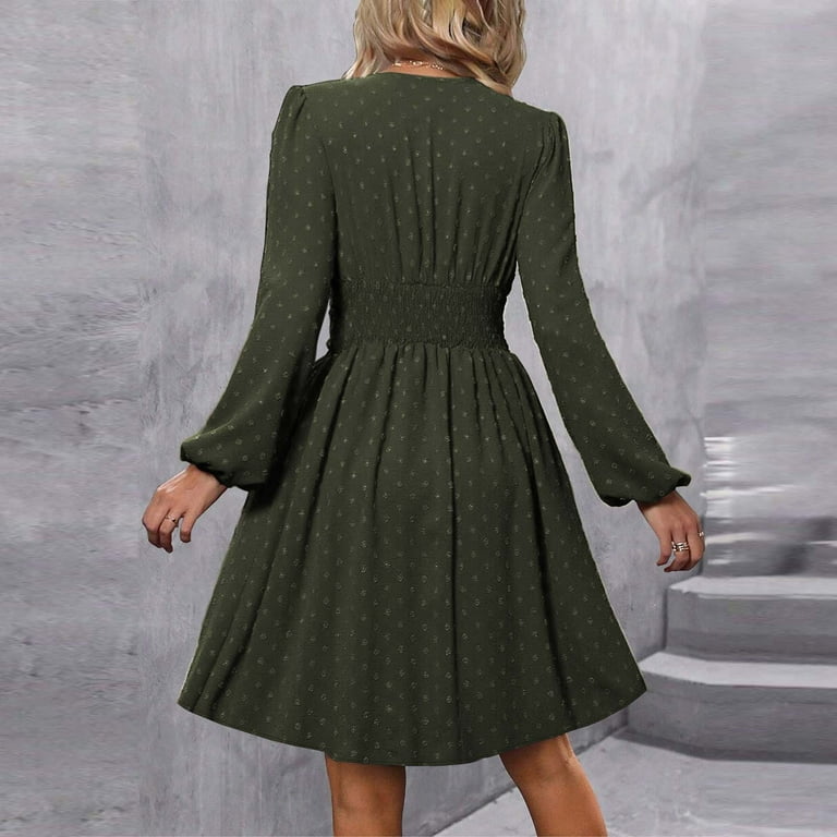 THDHVS Long Sleeve Dress for Women,Womens Dresses,Fashion Solid Color V  Neck Long Sleeve Casual Dress Knee Length Army Green - Walmart.com