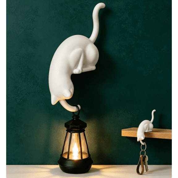 Cat with Lantern Shelf Decor, Decorative Bookshelf Light, 3D Printed Cats Shelf Hook with LED Lantern, Cats Hook with Lanterns for Keys, Desk Edge & Bookshelf, Gift for Cat Lovers (White)