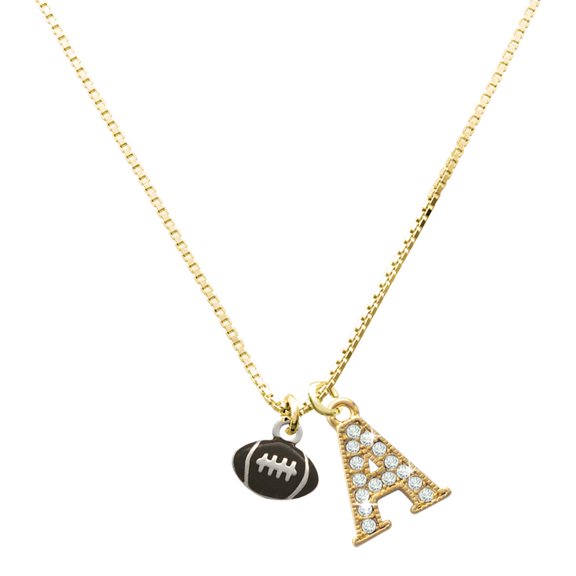 Delight Jewelry Silver-tone Mini Enamel Football - Large Goldtone Crystal Initial - A - Charm Necklace, 17.5" 2"