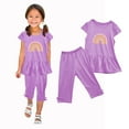 thumbnail image 5 of Odeerbi Kids Girls 2 Piece Outfits Ruffle Tops Capris Set Summer Clothes Floral Print Round Neck Short Sleeve Flying Sleeves Top Elastic Waist Cropped Pants Two-piece Set Purple, 5 of 5