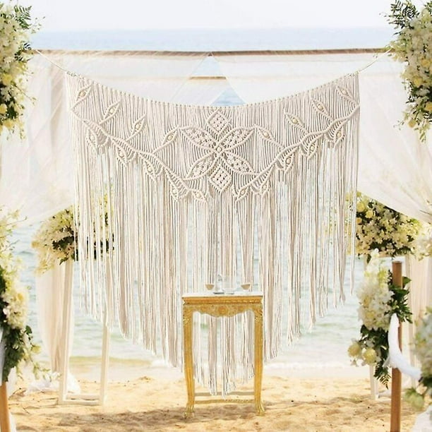 Macramé para colgar en la pared, tapiz tejido, arte tejido moderno y elegante, decoración del hogar hecha a mano, decoración de pared con cuentas para bodas, dormitorios, salas de estar (93 x 96)