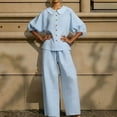 thumbnail image 4 of UDAUDU Womens Casual Linen 2 Piece Set Casual Collar Top And Wide Leg Pants Summer Outfit Sky Blue M, 4 of 5