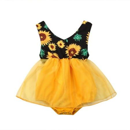 

Newborn Baby Girls Summer Romper Sunflower Printed Patchwork Sleeveless Jumpsuit Dress Sunsuit 3-6 Months