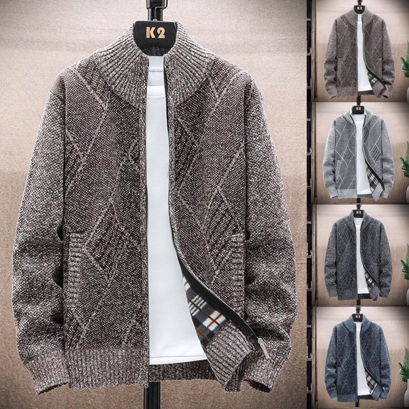 HAPIMO Men's Fleece Thick Shirt Coat Pocket Stand Collar Cardigan Zipper-Up Sports Classic Geomertry Lattice Jackets Casual Fashion Autumn Winter Western Long Sleeve Outwear Dark Gray L