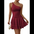 thumbnail image 1 of Vestido Mini de Corte A Sin Mangas con Volantes Escalonados, Fruncido y un Hombro para Mujer Vino Tinto S, 1 of 8