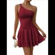 thumbnail image 1 of Vestido Mini de Corte A Sin Mangas con Volantes Escalonados, Fruncido y un Hombro para Mujer Vino Tinto S, 1 of 8
