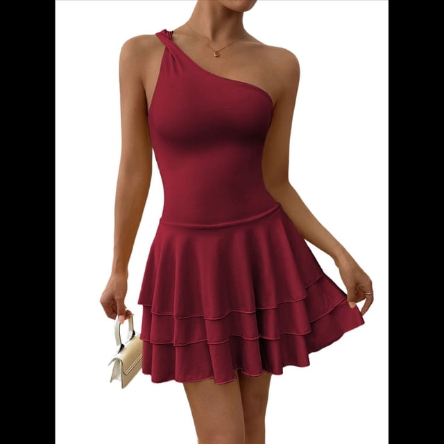 Vestido Mini de Corte A Sin Mangas con Volantes Escalonados, Fruncido y un Hombro para Mujer Vino Tinto M