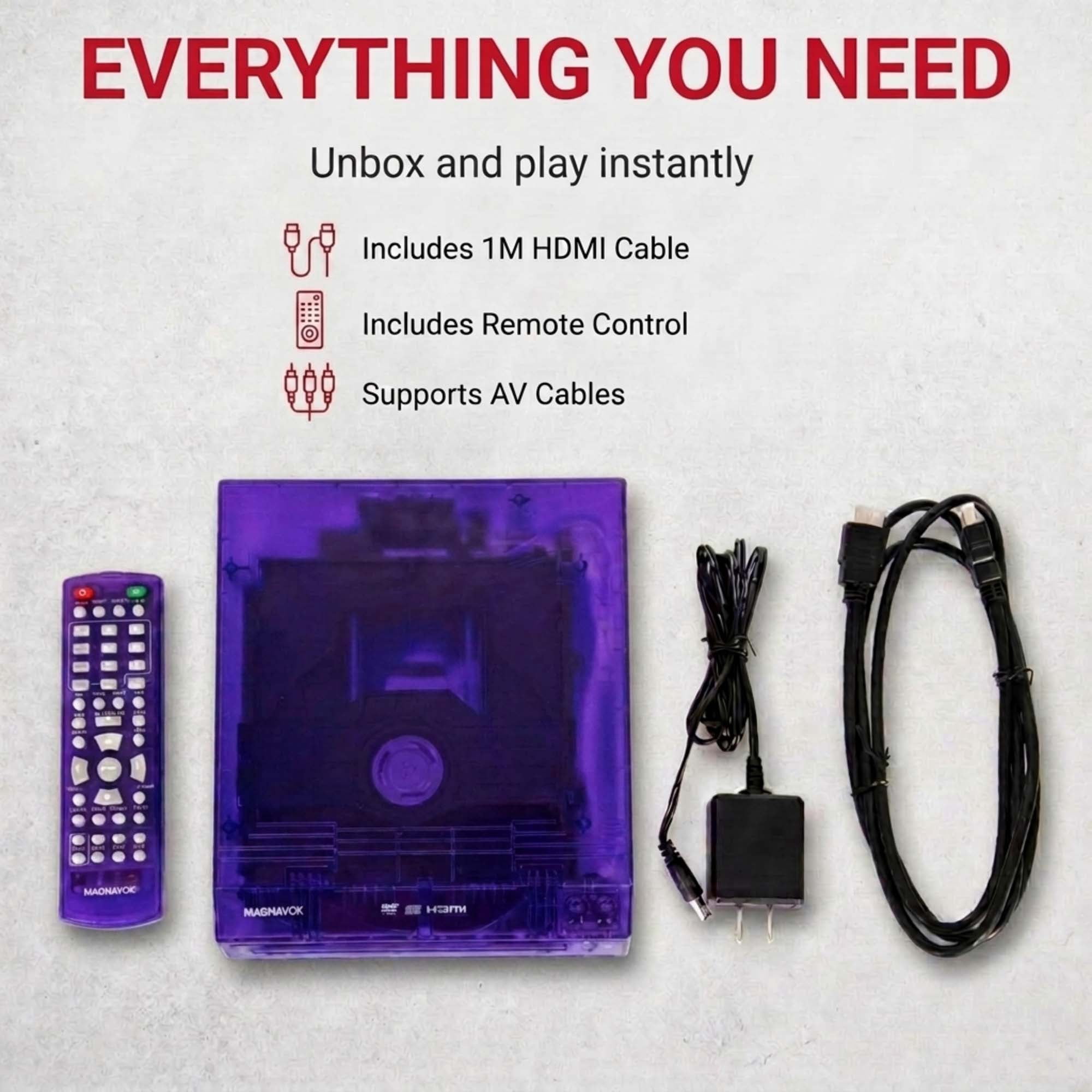 Magnavox Translucent DVD Player with HDMI Cable, Multi-Format DVD CD MP3 Player, HDMI Output, Remote Control, PAL/NTSC Compatible, 2 Channel Audio, Universal Power 100–240V, Purple