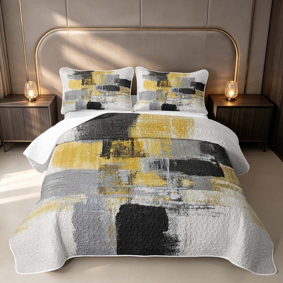 Erosebridal Contemporary Watercolor Art Twin Quilt Set, Black Gray White Gold Ombre Twin Coverlet Set, Black Reversible 2pcs 1 Bedspread and 1 Pillowcase