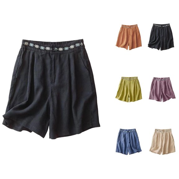 Bermuda Shorts for Women Summer Casual Elastic Waist Wide Leg Loose Fit Cotton Linen Boho Beach Shorts with Pockets