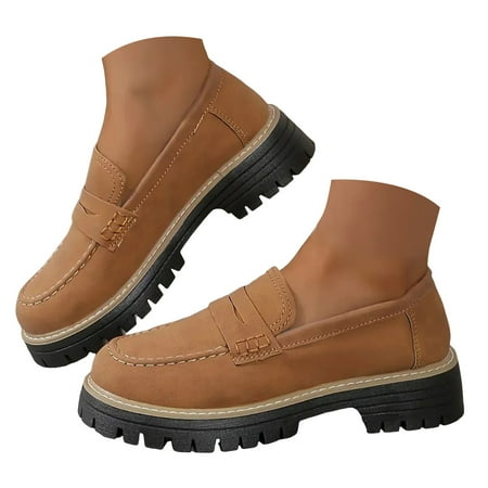 Mepaouo Dress Loafers for Women Leather Platform Mary Janes Shoes Casual Formal Work Shoes(Brown 7.5)
